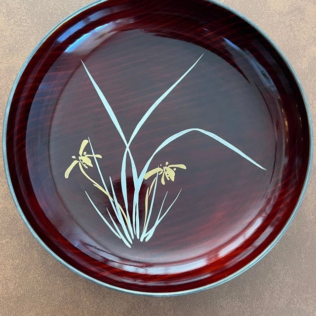 Asian Antique 1960s Zohiko Kyoto 9" Japanese Lacquerware Maki-e Orchid Wood Tray Showa For Sale - Image 3 of 8