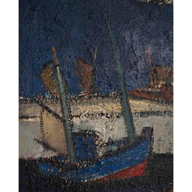 1960s Hubert Henri de Vries, Boats in the Harbor, Antwerp, 1960s, Oil on Canvas For Sale - Image 5 of 9