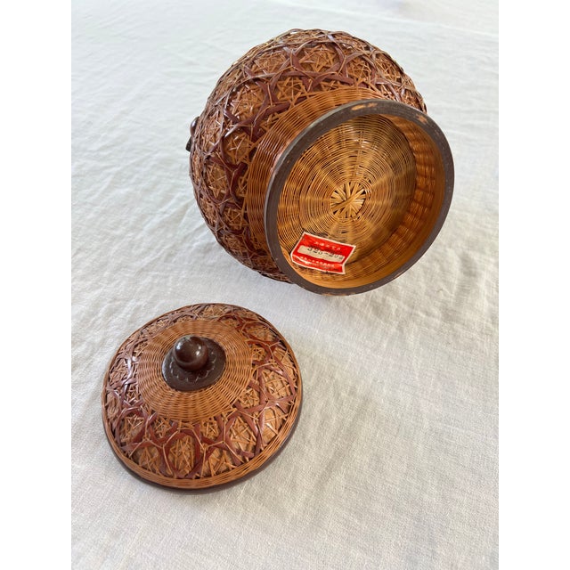 Vintage Chinese Woven Ginger Jar With Wood Elements For Sale - Image 4 of 6