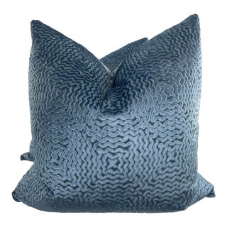 Nina Campbell "Poquelin Mourlot Velvet" in Delft Blue 22" Pillows-A Pair For Sale