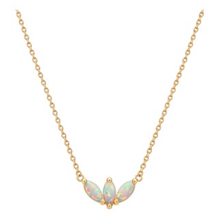 Natural Opal Leaf Necklace | 925 Silver Gold Plated Chain Minimalist Necklace | Dainty October Birthstone Necklace For Sale