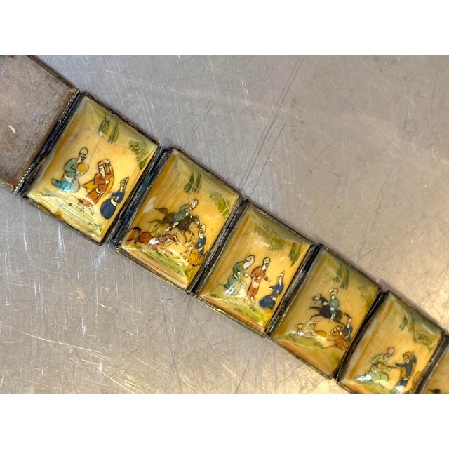 Early 20th-century silver/bone hand-painted Persian storyteller bracelet. Some minor fading/yellowing to bone throughout...
