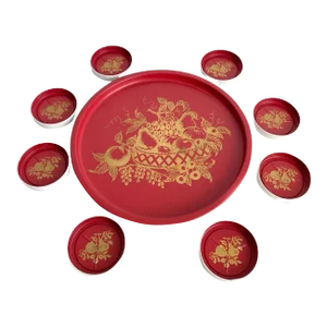 Mid Century Cera Round Tray & Coasters Fruit Bowl Motif Gold Dark Red Set- 9 Pieces