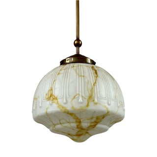 Art Deco Marbled Opaline Glass and Brass Pendant Light, Germany, 1930s For Sale