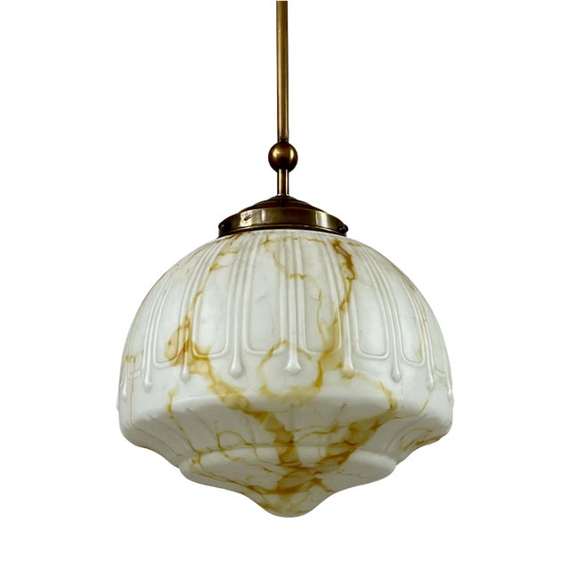 Art Deco Marbled Opaline Glass and Brass Pendant Light, Germany, 1930s For Sale