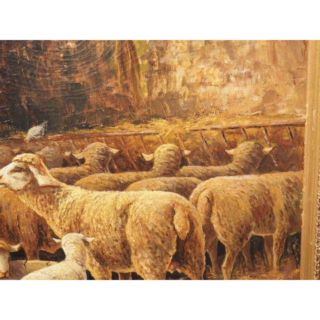 19th Century French Oil on Canvas Painting, “In the Sheepfold”, Signed Lecler For Sale - Image 4 of 13