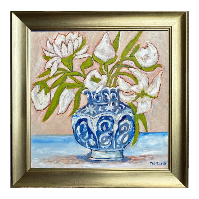 Original Art Floral Still Life With Chinoiserie Vase, Oil on Canvas in Brushed Gold Frame, 14.5" X 14.5" by Tatiana Duperault For Sale