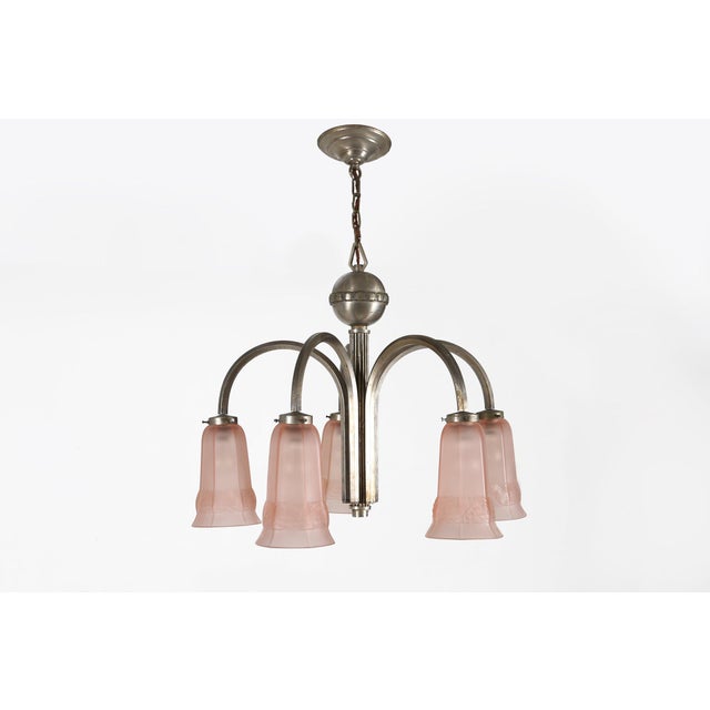 Art Deco Chandelier with Etched Pink Glass Shades, 1930s For Sale - Image 10 of 10