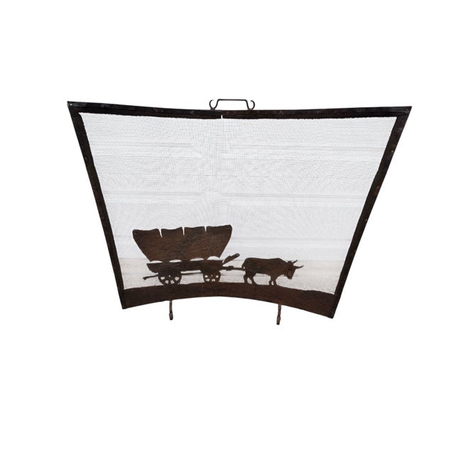 Antique Rustic Wrought Iron Fireplace Screen Silhouette Covered Wagon Ox Western For Sale - Image 11 of 18