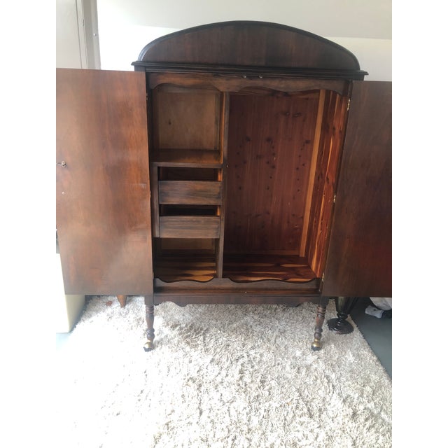 Wood Antique Art Deco Mahogany Chifforobe — Cedar Lining, Carved Doors, Brass Casters, C. 1930s–1940s For Sale - Image 7 of 11