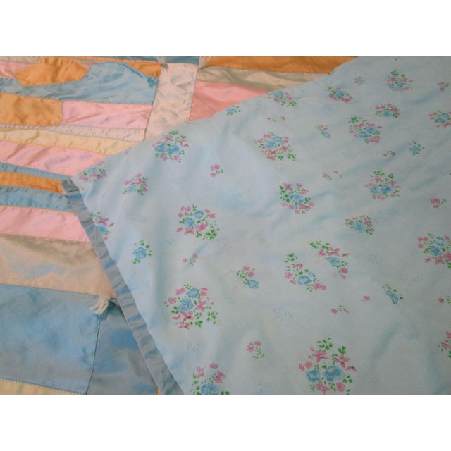 Shabby Chic Vintage 60's Satin Crazy Quilt 15 Blocks Hand Tied Long Twin Percale Back Guc For Sale - Image 3 of 11