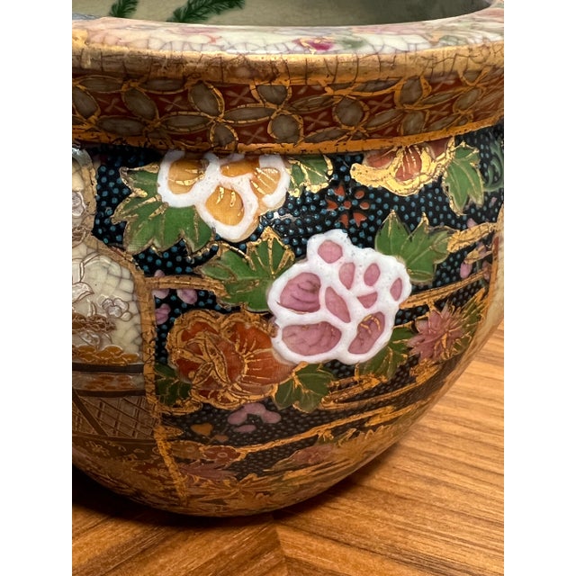 Chinoiserie Vintage Satsuma Style Porcelain Fishbowl Planter Floral and Keisha Design With Koi Interior For Sale - Image 3 of 15
