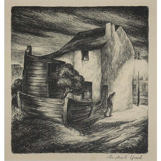 Richard Hood (1910-1995) - WPA Expressionist Man and House, Signed (Lithograph, 1939). Expressionist cityscape of a man...