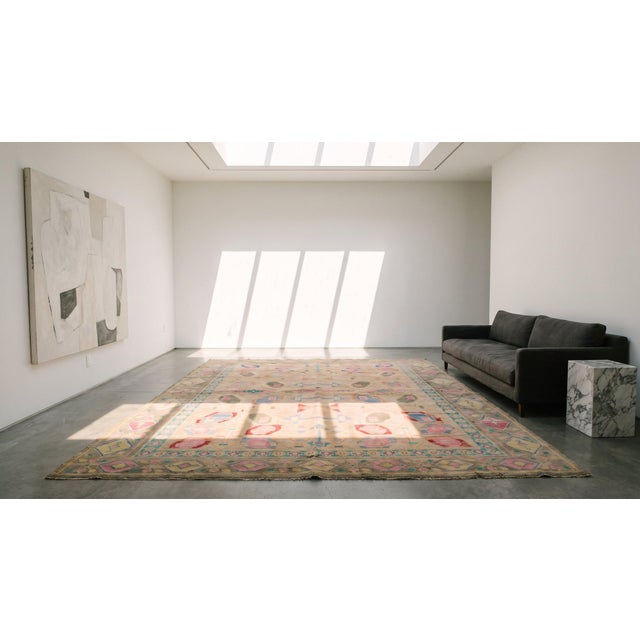 Beige 1930s Beige Geometric Tribal Antique Indian Cotton Agra Rug 6'2" X 8' Handknotted Wool Carpet For Sale - Image 8 of 9