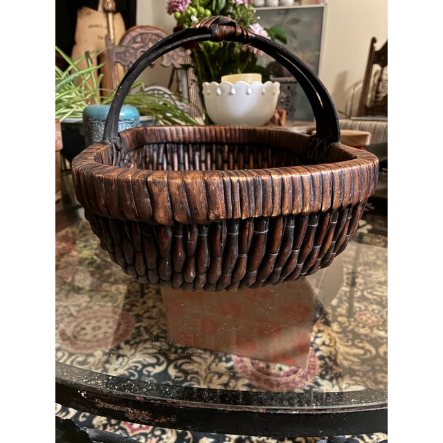 Wood Vintage MCM Japanese Willow Weave Bamboo Handwoven Basket Triple Arch Handle Japandi / Mingei For Sale - Image 7 of 8