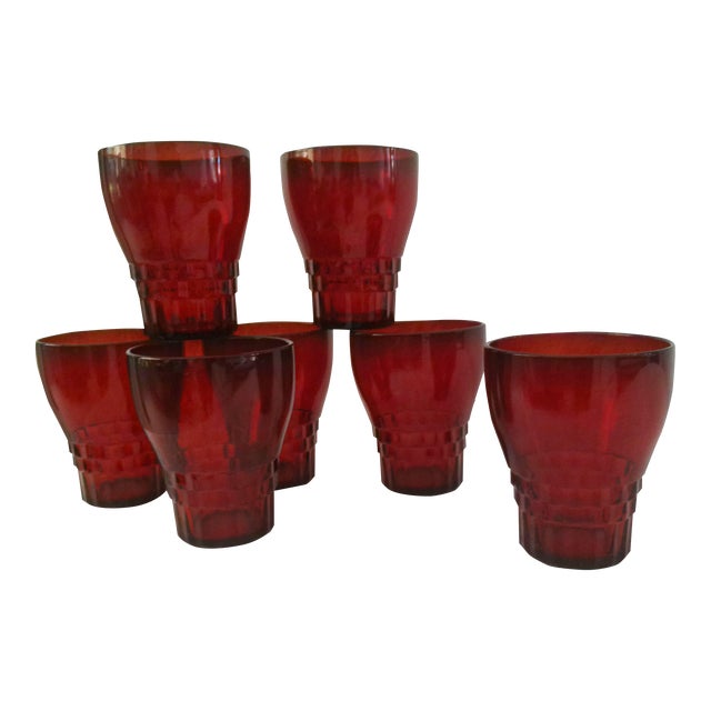 1940s Anchor Hocking Windsor Ruby Red Glasses, Set of 7 For Sale
