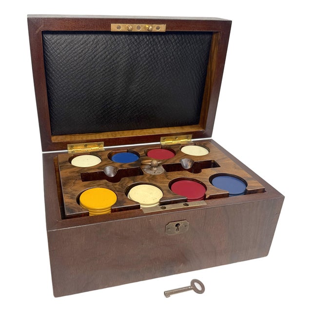Signed Antique 19th Century Gaming Poker Wood Brass Box Travel Set Clay Chips For Sale