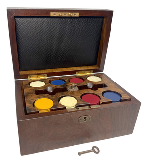 Signed Antique 19th Century Gaming Poker Wood Brass Box Travel Set Clay Chips