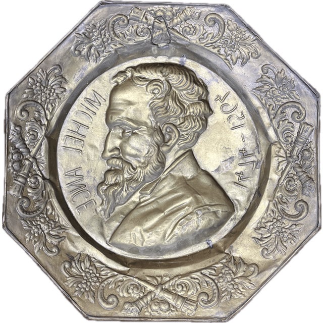 Antique French Michelangelo Brass Repoussé Portrait Plaque, C. Late 19th Century For Sale - Image 4 of 6
