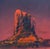 This artwork presents a striking depiction of a towering rock formation, rendered in vibrant hues of red and orange...