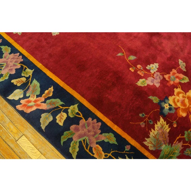 Textile 1920s Ruby Red Floral Antique Chinese Art Deco Carpet 8'10" X 11'2" Handknotted Pile Wool Rug For Sale - Image 7 of 9