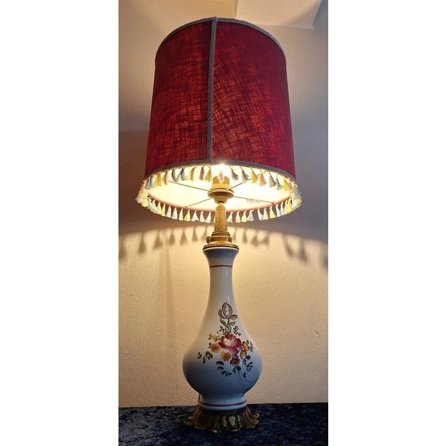 1980s Vintage White Ceramic and Bronze Table Lamp with Colored Flower Decor and Handmade Fabric Shade, 1980s For Sale - Image 5 of 9