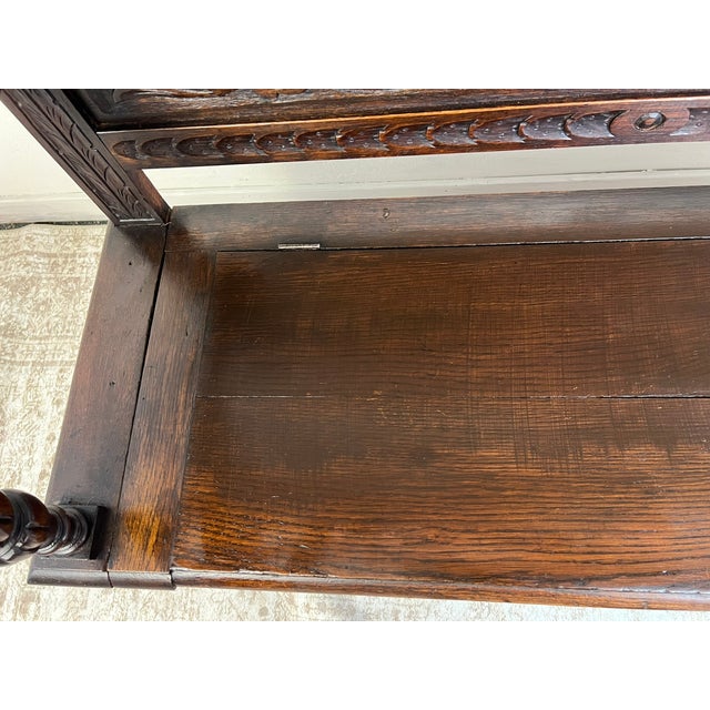 Antique French Normandy Carved Oak Bench Chest For Sale - Image 10 of 11