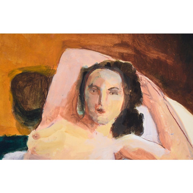 Nude Model on a White and Blue Bed in Acrylic on Paper Colorful painting of a woman in bed by acclaimed bluegrass musician...