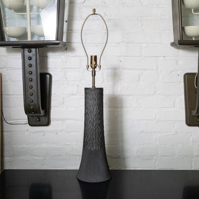 Modern Pair of Charcoal "Carved" Ceramic Table Lamps For Sale - Image 3 of 10
