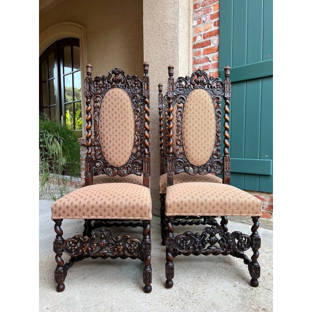 French Country Set 4 Tall Antique French Dining Chairs Barley Twist Renaissance Carved Oak 1890 For Sale - Image 3 of 18