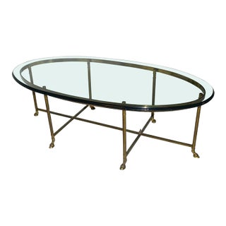 1970s Hollywood Regency Mastercraft Brass Hoof Feet Coffee Table Racetrack Glass Top For Sale