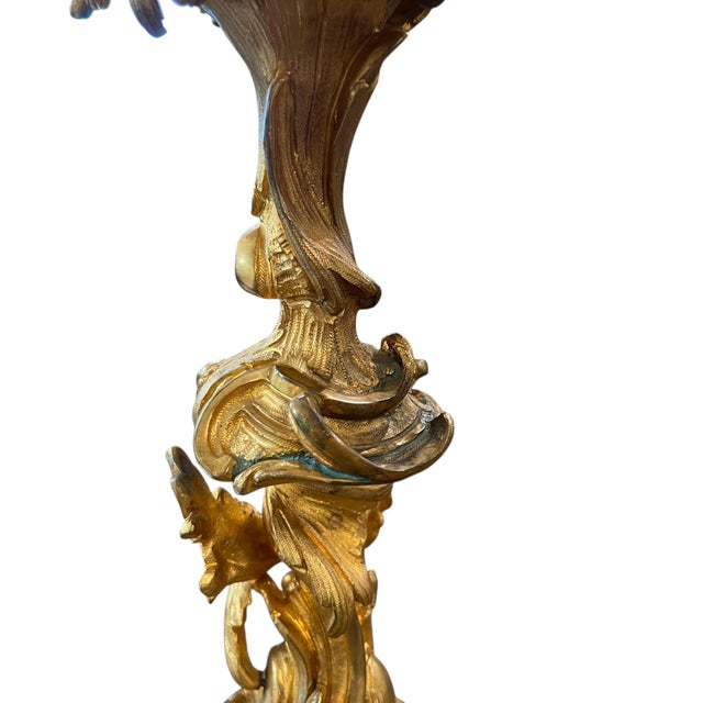 French 19th Century Pair of Louis XV Style Large Gilded Ormolu 5 Light Candelabras For Sale - Image 3 of 7