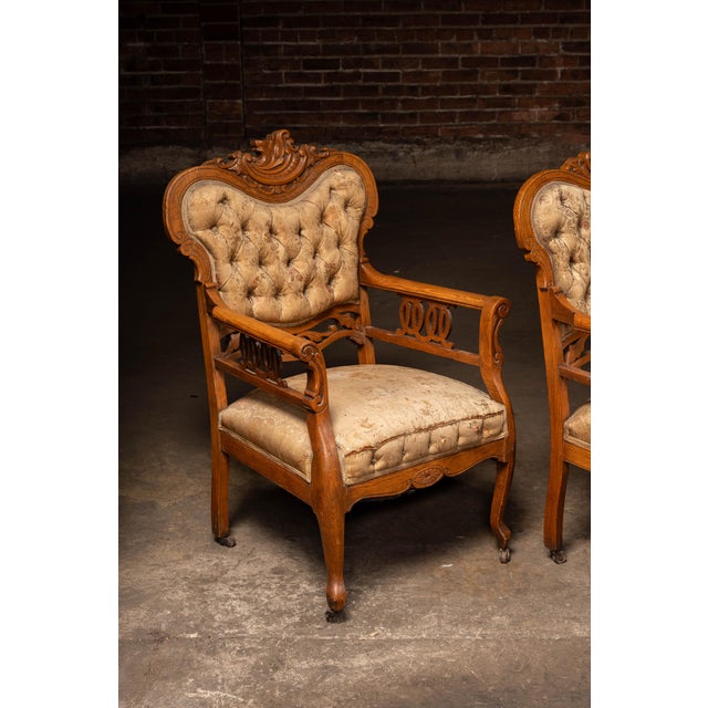 Gold Late 19th Century Victorian Eastlake Carved Oak Parlor Suite – 6 Piece Set For Sale - Image 8 of 18
