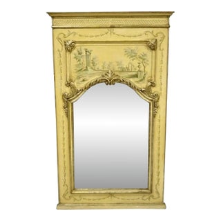 Antique Italian Neoclassical Giltwood Hand Painted 59" Trumeau Wall Mirror For Sale