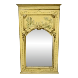 Antique Italian Neoclassical Giltwood Hand Painted 59" Trumeau Wall Mirror