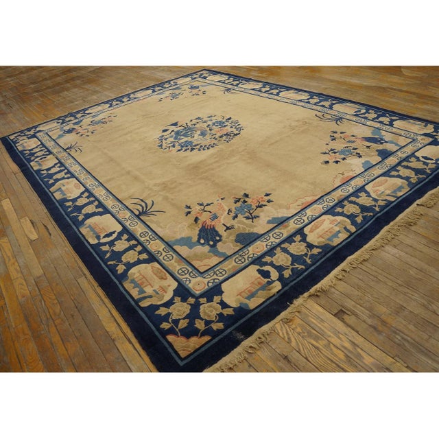 Chinese Antique 1920s Beige Field Deco Peacock Chinese Peking Knotted Rug 9' X 11' 6'' For Sale - Image 3 of 9