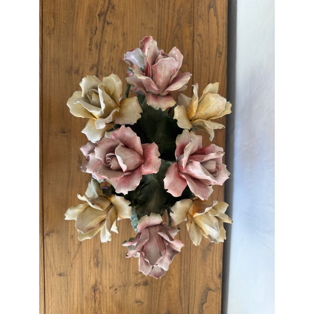 Rose 1960's Capodimonte Italian Porcelain Rose Flower Basket Centerpiece, Footed Rococo Floral Bouquet Sculpture For Sale - Image 8 of 11