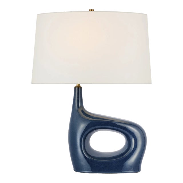 Champalimaud for Visual Comfort Signature Sutro Medium Right Table Lamp in Mixed Blue Brown with Linen Shade For Sale