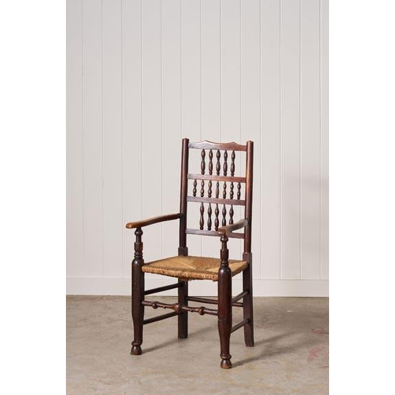 Set of 10 Late 18th Century Oak Lancaster Spindle Rush Seat Chairs (2 Arms, 8 Sides) SIDE CHAIRS MEASURES | 17.5”W x...