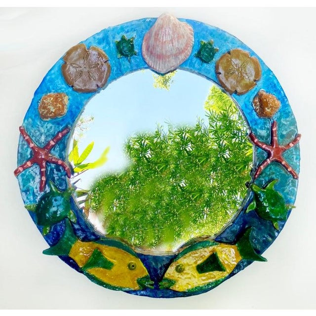 "Under the Sea" Glazed Ceramic Mirror by Florida Artist Rexx Fischer, Signed Offered for sale is a hand-made glazed...