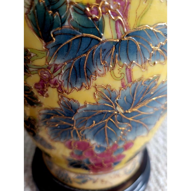 Yellow Vintage Gold Inlay Berry Leaf Yellow Pink Chinoiserie Regency Table Lamps- A Pair For Sale - Image 8 of 8