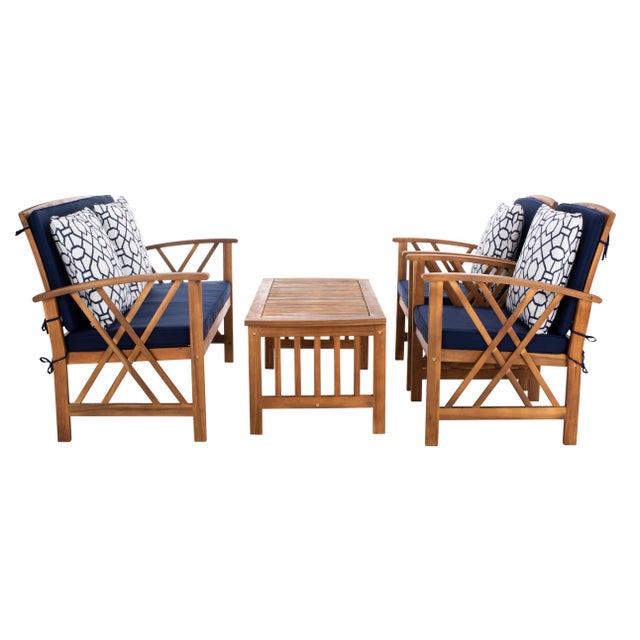 Tan Fontana 4-Piece Outdoor Set, Natural/Navy Cushion With Blue & White Mosaic Pillows For Sale - Image 8 of 10
