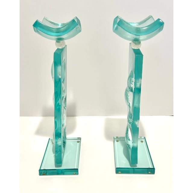 Pair of Aqua Teal Studio Art Glass Sculptures Totems Lucite Bases 15.5” Abstract Modern For Sale - Image 4 of 9