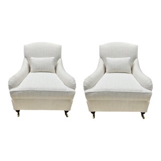 Pair of Pearl White Bouclé Armchair With Rolled Arms and Brass Casters For Sale