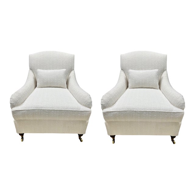 Pair of Pearl White Bouclé Armchair With Rolled Arms and Brass Casters For Sale