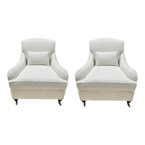 Pair of Pearl White Bouclé Armchair With Rolled Arms and Brass Casters