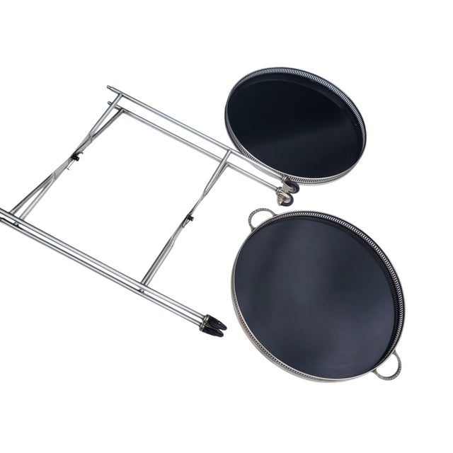 Classic French Nickel-Plated Cocktail Trolley / Bar Cart Featuring two-tier removable round black Formica trays and...