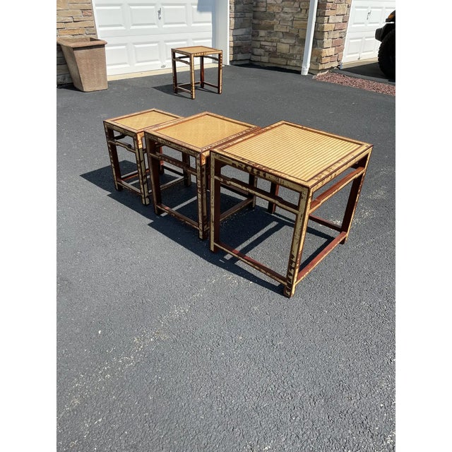1990s Vintage Set of 3 Nesting Tables in Wood With Bamboo Inserts & Rattan Tops For Sale - Image 4 of 7