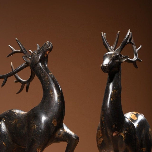 Late 20th Century Pair of Vintage Chinese Gilt Bronze Deer Figures – Standing Auspicious Deer Sculptures For Sale - Image 5 of 9