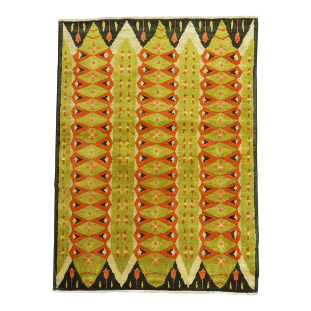 20th Century Abstract Turkish Deco Scandinavian Inspired Coral Green Pile Rug For Sale